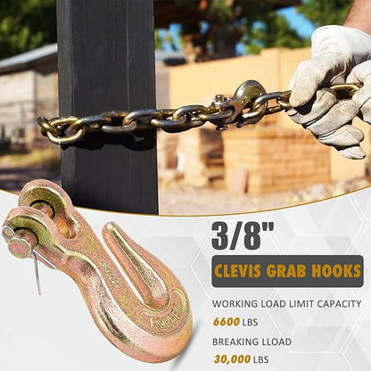 3/8 Chain Hook, Chain Hooks 3/8 Heavy Duty, 6600Lbs G70 Clevis Grab Hook 3/8 Inch for Trailer Truck Tow Chain Transport -Yellow Chromate Finish (2 Pack)