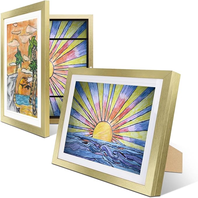 (1 Pack) Kids Artwork Frames Changeable 10x12.5 with Easel Stands, Hangers, Backboards, Shatterproof Plexiglass | 2 Mats Fit 9x12, 8.5x11, A4 Paper Sizes | Large and Easy-Access Kids Art Frame Display and Storage for up to 100 Sheets (Gold)