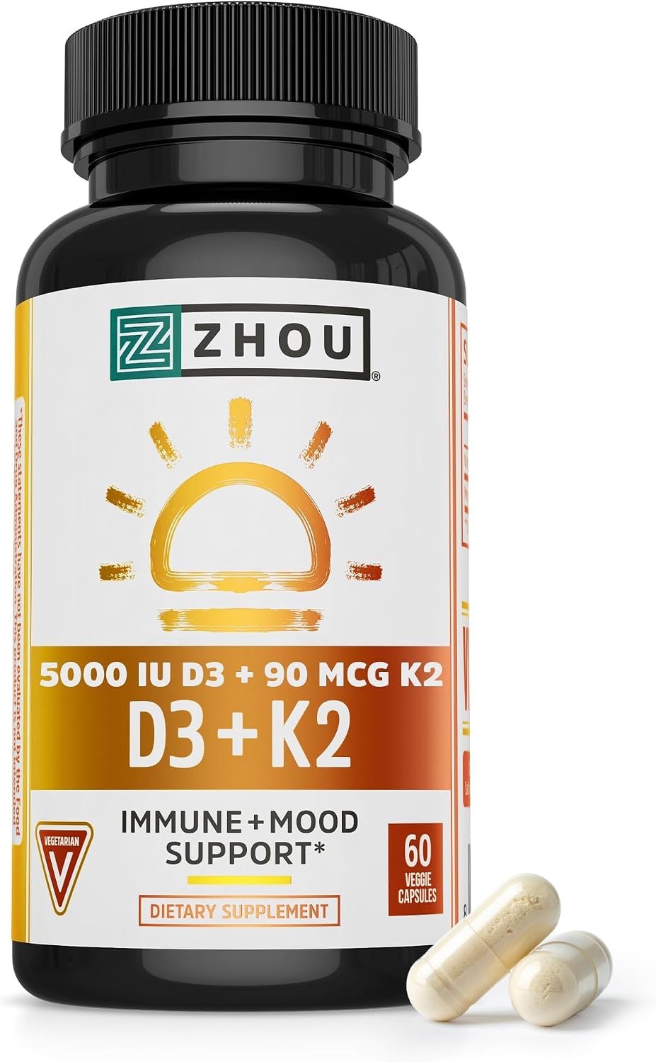 Zhou D3+K2 - Vitamin D3 K2 Supplement for Women & Men, Immune Support Vit D3 and K2 Supplements, Pure Vegetarian Formula with 5000 IU of D3 and MK-7 - 60 Veggie Capsules (Pack of 1)