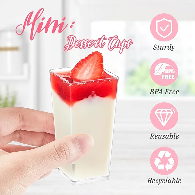 Kucoele 50 Pack 3oz Mini Dessert Cups with Spoons, Square Tall Shooter Cups Clear Plastic Party Serving Cups for Parfait, Appetizer, Pudding, Yogurt and Ice Cream
