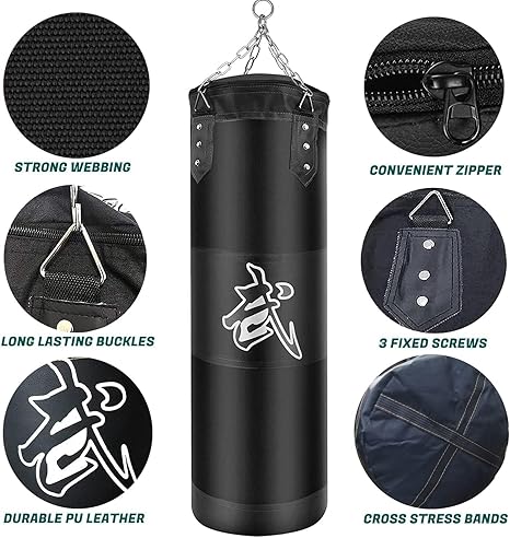 Hanging Punching Bag Set Unfilled, Heavy Boxing Bags Kickboxing Bag for Adults Kids, Youth Boxing Set with Hand Wraps, Punching Bag Hangers, for MMA Muay Thai Karate Taekwondo Training