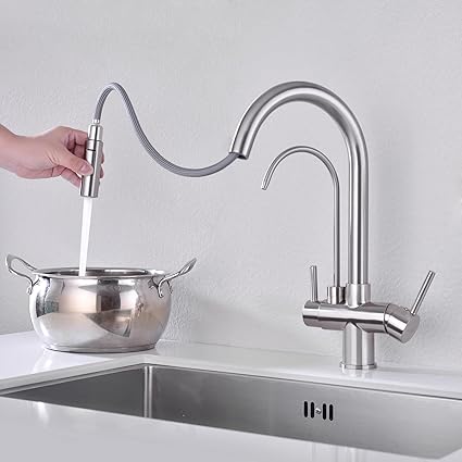 TUTEW Kitchen Faucet with Pull Down Sprayer, Kitchen Sink Faucet with Drinking Water Faucet,2 Handle 3 in 1 Water Filter Purifier Faucets,Brushed Nickel
