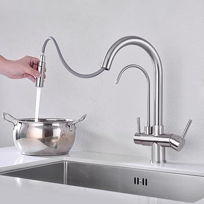 TUTEW Kitchen Faucet with Pull Down Sprayer, Kitchen Sink Faucet with Drinking Water Faucet,2 Handle 3 in 1 Water Filter Purifier Faucets,Brushed Nickel