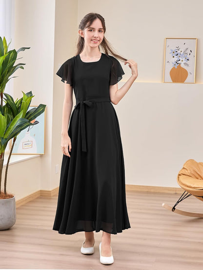 Soft, breathable polyester dress with A-line silhouette and ruffle sleeves, perfect for formal occasions.