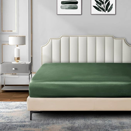 P Pothuiny Satin Fitted Sheet Queen Size, 1 Single Fitted Sheet Only, Extra Soft Deep Pocket Bottom Bed Sheets Mattress Cover Fits 12" to 16", Wrinkle Free, Fully Elasticized (Woodland Green)