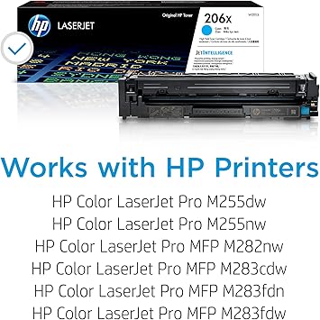 HP 206X Cyan High-yield Toner Cartridge  Works with HP Color LaserJet Pro M255, HP Color LaserJet Pro MFP M282, M283 Series  W2111X