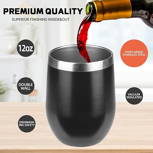 StarSpeed 12oz Wine Tumbler with lid, Stainless Steel Travel Mugs Stemless Double Wall Insulated Coffee Cup, Insulated Wine Glasses Travel Tumbler for Cold & Hot Drinks(Black, 1)