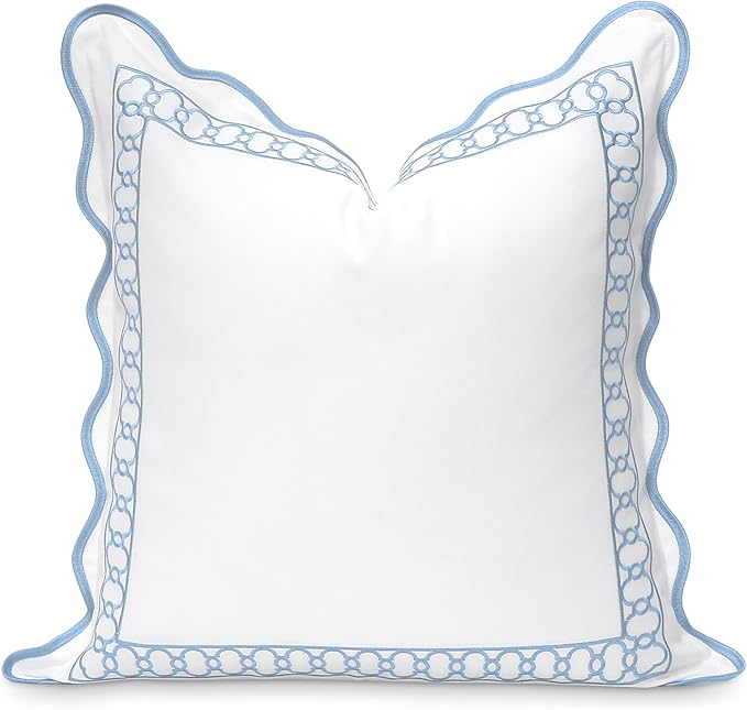 Hofdeco Premium Coastal Patio Indoor Outdoor Scalloped Lumbar Pillow Cover Only, 12"x20" Water Repellent for Backyard, Couch, Baby Blue Embroidered Begonia Pattern Chain Frame