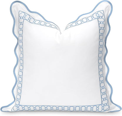 Hofdeco Premium Coastal Patio Indoor Outdoor Scalloped Lumbar Pillow Cover Only, 12"x20" Water Repellent for Backyard, Couch, Baby Blue Embroidered Begonia Pattern Chain Frame