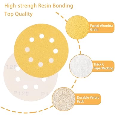 5-Inch 8-Hole Hook and Loop Sanding Discs – 100-Piece Assorted Grits (60/80/120/220/320) for Orbital Sanders and Woodworking