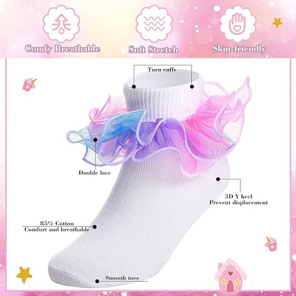 Lasnten 15 Pairs Ruffle Socks for Toddler Girls Double Lace Socks Bulk Turn Cuff Big Ruffle for Infant Toddler and Kids