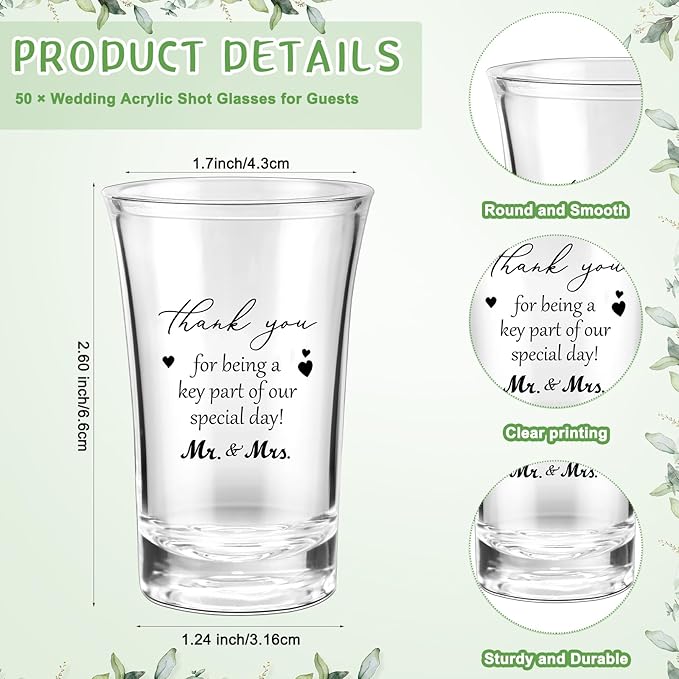 Uiifan 50 Sets Wedding Favors for Guests Wedding Shot Glasses Acrylic Clear Plastic Shot Glass with Thank You Card and Organza Bag for Newlyweds Bridal Shower Party Favors Souvenirs Gifts