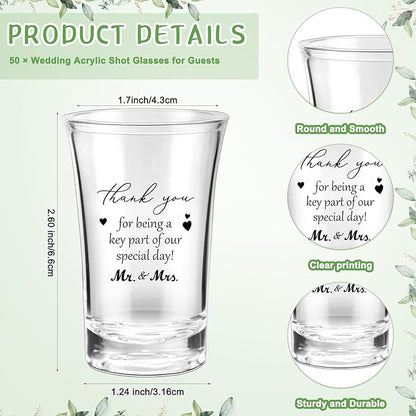 Uiifan 50 Sets Wedding Favors for Guests Wedding Shot Glasses Acrylic Clear Plastic Shot Glass with Thank You Card and Organza Bag for Newlyweds Bridal Shower Party Favors Souvenirs Gifts