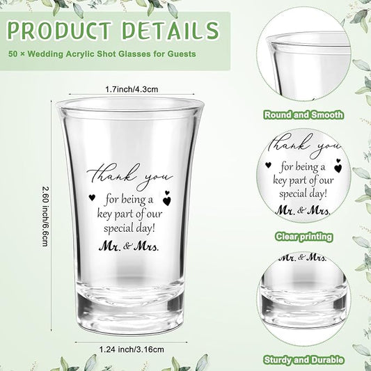 Uiifan 50 Sets Wedding Favors for Guests Wedding Shot Glasses Acrylic Clear Plastic Shot Glass with Thank You Card and Organza Bag for Newlyweds Bridal Shower Party Favors Souvenirs Gifts