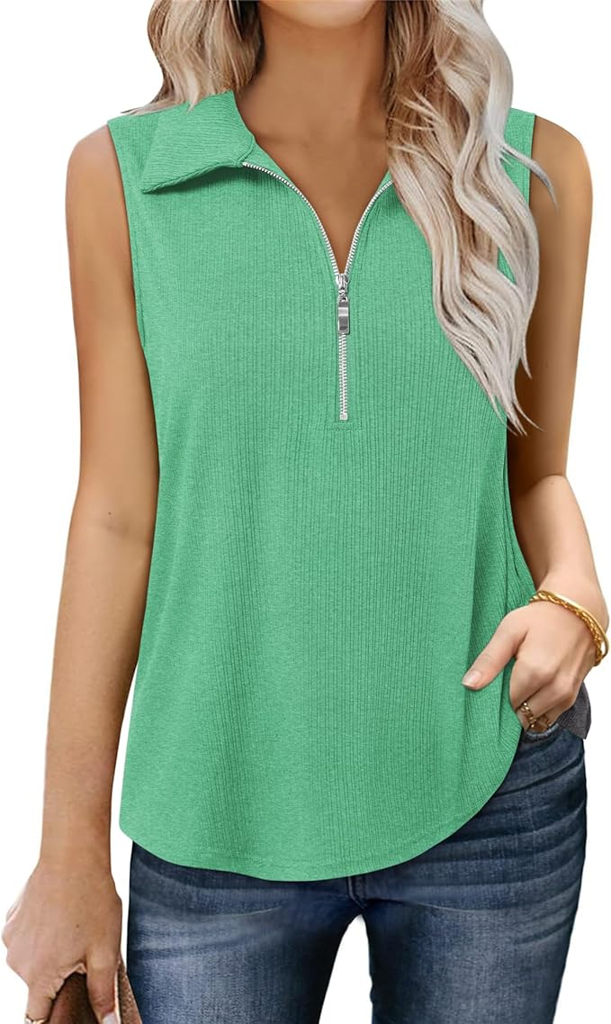 Vivilli Womens Ribbed Tank Top Zipper V Neck Dressy Casual Blouses Sleeveless Camisole Tops Work Tank Polo Shirts