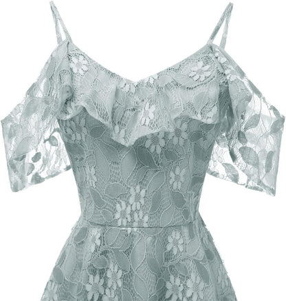 IWEMEK Women Spaghetti Strap Floral Lace Bridesmaid Cocktail Party Dress Cold Shoulder Ruffle Sleeve Wedding Guest Prom Dress.
