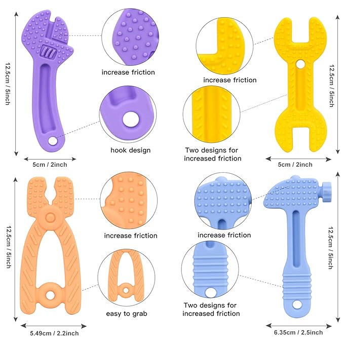 Hooku 4 Pack Silicone Teething Toys for Babies 3-6 Months, Teethers for Babies 6-12 Months, Hammer Spanner Wrench Pliers Tools Shape Sensory Chew Toys