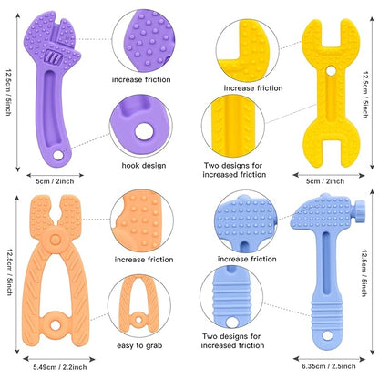 Hooku 4 Pack Silicone Teething Toys for Babies 3-6 Months, Teethers for Babies 6-12 Months, Hammer Spanner Wrench Pliers Tools Shape Sensory Chew Toys