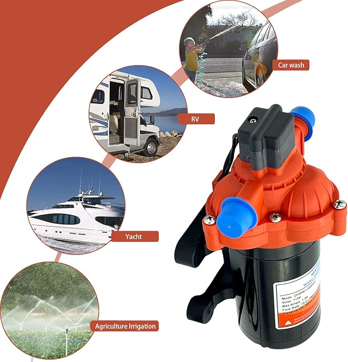 115V Water Diaphragm Pump, Industrial Water Pressure Pump, 50 PSI Self-Priming Pump on Demand with American Plug for Kitchen, Bathroom, Caravan, Marine Yacht