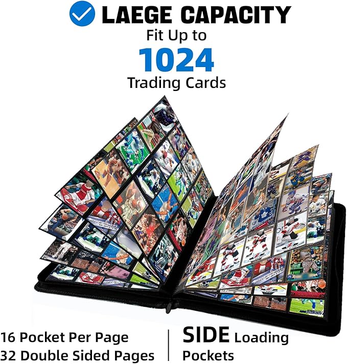 1000+ Pockets Trading Card Binder, 16 Pocket Ringless Card Binder Album Folder - Premium Side Loading Zip Binder for Yu-Gi-Oh, TCG, Sports, Game Trading Cards -Black