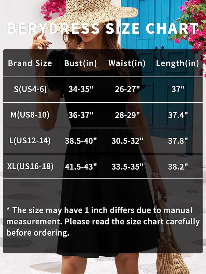 Berydress Women's Summer Dresses 2025 Pockets Short Sleeve Square Neck Flowy A Line Casual Boho Smocked Mini Sun Dress
