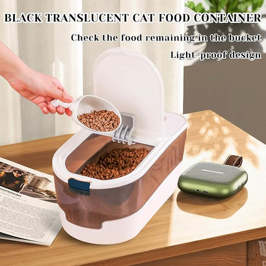BNOSDM Cartoon Cat Food Storage Container 10-15 Lbs Dog Food Bin with Spring Lid and Cute Scoop, Plastic Pet Storage Container for Cat Dog Bird Dry Food (Blue)