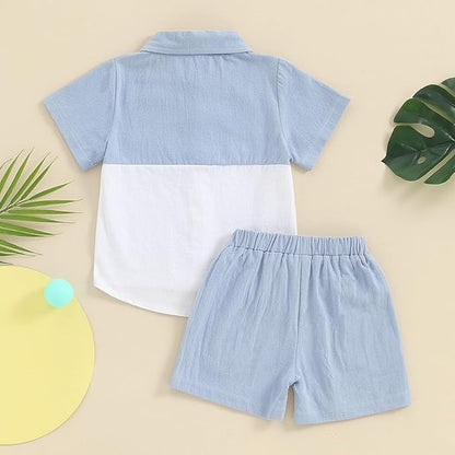 fhutpw Toddler Boy Patchwork Summer Outfits Short Sleeve Button Down Shirt Tops & Casual Shorts Sets Baby 2T 3T 4T 5T Clothes