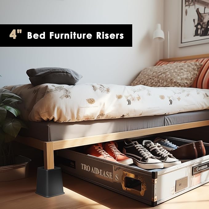 Bed Furniture Riser 4 inches, Versatile Bed and Furniture Riser - Heavy Duty, Supports 550 lbs Each Riser - Set of 4, Black