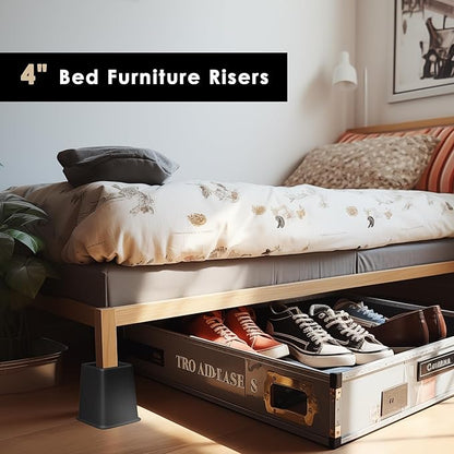 Bed Furniture Riser 4 inches, Versatile Bed and Furniture Riser - Heavy Duty, Supports 550 lbs Each Riser - Set of 4, Black