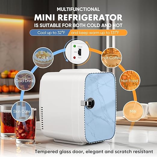 Sweetcrispy Mini Portable Small Refrigerator 4L6 Can Cooler  Warmer Compact Fridge for Skincare, Marble Ivory