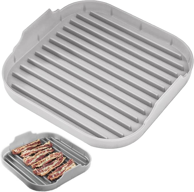 Bacon Cooker For Microwave Oven Food-Grade Silicone Microwave Bacon Tray Non Stick Bacon Tray with Grooves Dishwasher Safe Easy Bacon Maker 9.8x9.8x2 Inch Grey, Bacon Cooker