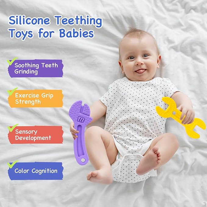Hooku 4 Pack Silicone Teething Toys for Babies 3-6 Months, Teethers for Babies 6-12 Months, Hammer Spanner Wrench Pliers Tools Shape Sensory Chew Toys
