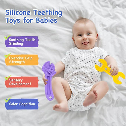 Hooku 4 Pack Silicone Teething Toys for Babies 3-6 Months, Teethers for Babies 6-12 Months, Hammer Spanner Wrench Pliers Tools Shape Sensory Chew Toys
