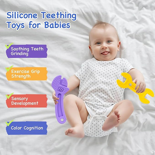 Hooku 4 Pack Silicone Teething Toys for Babies 3-6 Months, Teethers for Babies 6-12 Months, Hammer Spanner Wrench Pliers Tools Shape Sensory Chew Toys