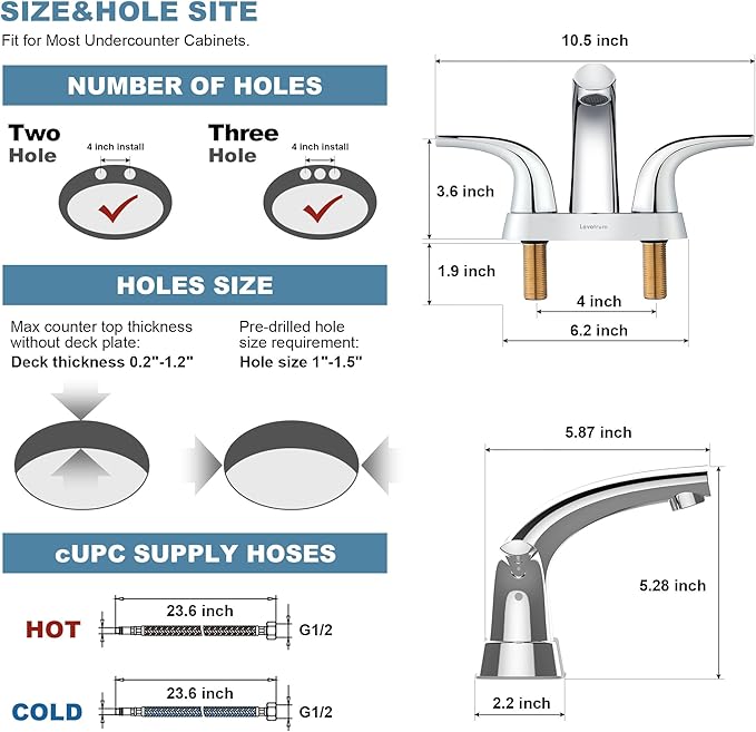 Bathroom Sink Faucet, Solid Brass 4 Inch Centerset Bathroom Faucet for Sink 3 Holes with Pop-up Drain  cUPC Lead-Free Hose, 2 Handles Modern Vanity Bath RV Faucet(Polished Chrome)