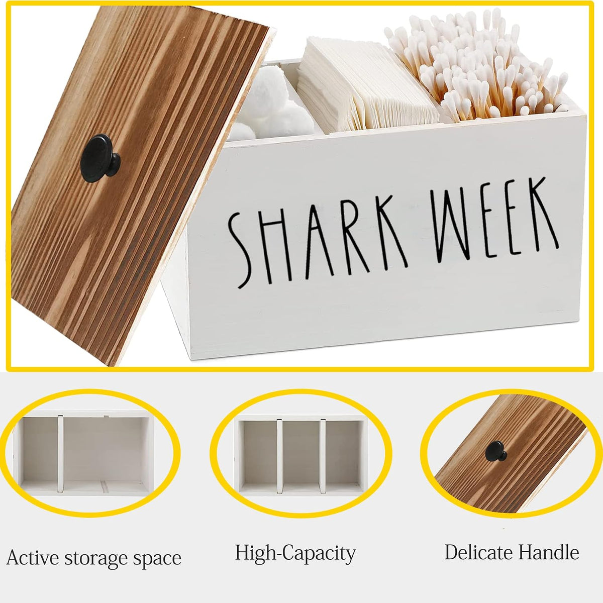 Tampon Holder for Bathroom,Farmhouse Bathroom Organizer,Rustic Wood Bathroom Storage Bin with Lid,Wood Movable Partition Feminine Product Organizer with Lid,Bathroom Accessories Box (Black wood)