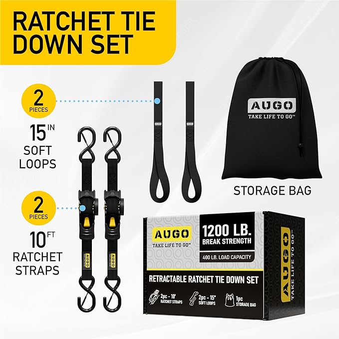 AUGO Retractable Ratchet Straps  2 Heavy Duty Ratchet Straps Self Retractable Tie Down Straps with Soft Loops  Storage Bag for Motorcycle, Truck, Trailer, Cargo Van  1200 Lb Break Strength 1a x 10aTM