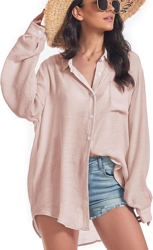 Century Star Womens Button Down Shirts Vacation Outfits Loose Fit Long Sleeve Casual Oversize Collared Blouse