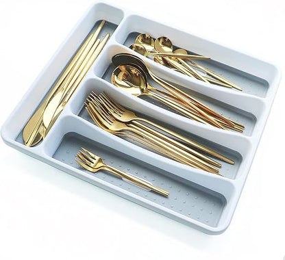 Classic Large Cutlery Tray, Silverware Tray for Drawer, 5 Compartment Flatware Organizer HolderDivider, Multi-Purpose Storage With Non-slip Rubber Feet for Kitchen, Office, Bathroom