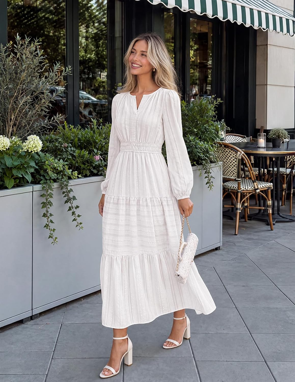 MEROKEETY Spring Summer Midi Dresses for Women 2026 Fall Casual Vacation Long Sleeve V Neck Tiered Cotton Maxi Dress Pockets