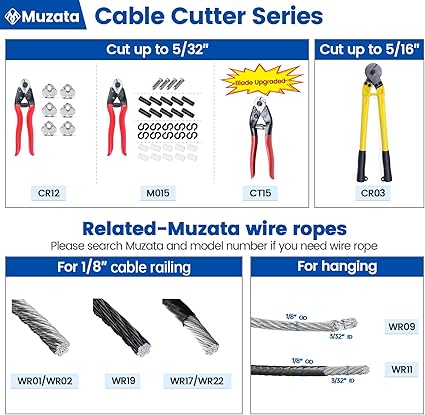 Muzata Cable Cutter Wire Cutter Heavy Duty Up to 18" 532" Stainless Steel Aircraft Wire Rope for Deck Railing Metal Fence Bicycle Brake Bike Cutter DIY Project CR12