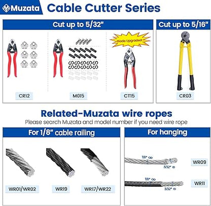 Muzata Cable Cutter Wire Cutter Heavy Duty Up to 18" 532" Stainless Steel Aircraft Wire Rope for Deck Railing Metal Fence Bicycle Brake Bike Cutter DIY Project CR12