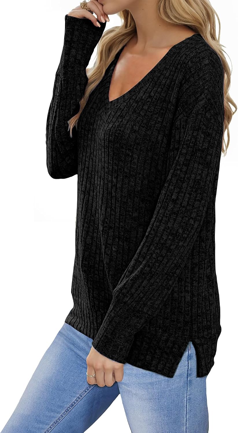 Buauty Womens Long Sleeve ShirtsTunics Tops V Neck Spring Fall Winter, Lightweight Sweaters Dressy Casual Trendy