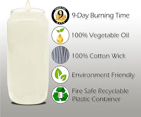 Hyoola 9 Day White Prayer Candles, 1 Pack - 7" Tall Pillar Candles for Religious, Memorial, Party Decor, Vigil and Emergency Use - Vegetable Oil Wax in Plastic Jar Container, unscented