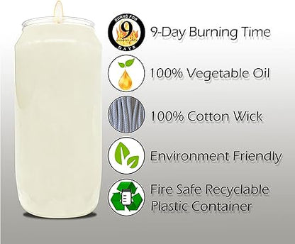 Hyoola 9 Day White Prayer Candles, 1 Pack - 7" Tall Pillar Candles for Religious, Memorial, Party Decor, Vigil and Emergency Use - Vegetable Oil Wax in Plastic Jar Container, unscented