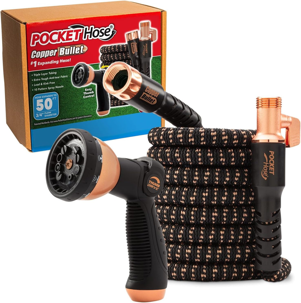 Pocket Hose Copper Bullet Expandable Garden Hose 50 FT w/10 Pattern Thumb Spray Nozzle AS-SEEN-ON-TV 650psi 3/4 in Patented Lead-Free Ultra-Lightweight Solid Copper Anodized Aluminum Fittings No-Kink
