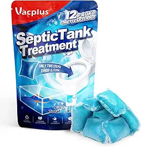 Vacplus Septic Tank Treatment 12 Pcs for 1-Year Supply, Dissolvable Packs with Easy Operation, Durable Biodegradable Enzymes for Wastes, Greases  Odors, Blue, 2X Efficiency