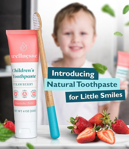 Wellnesse Kids Hydroxyapatite Toothpaste with Xylitol - Fluoride Free Toddler  Children's Natural Toothpaste, Freshens Breath, Sensory-Friendly Oral Care, Vegan, Strawberry Flavor, 4 oz (Pack of 1)