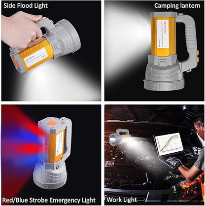 Multi Functions Rechargeable Flashlight High Lumens,Handheld Spotlight LED 6000 Lumens Super Bright, Large Battery 10000 Long Lasting Powerful Searchlight Plus Side Lantern,Home Outdoor