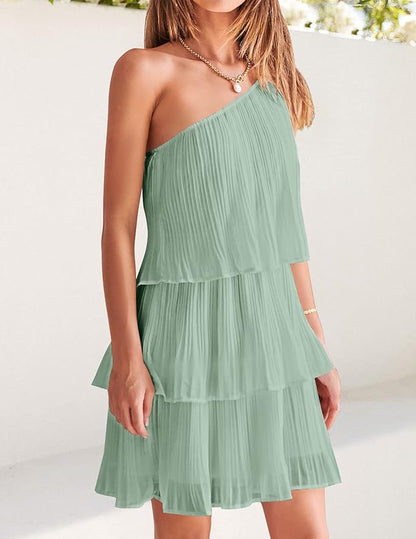 ZESICA Women's Boho Summer One Shoulder Sleeveless Ruffle Tiered Layered Chiffon Pleated A Line Flowy Mini Dress